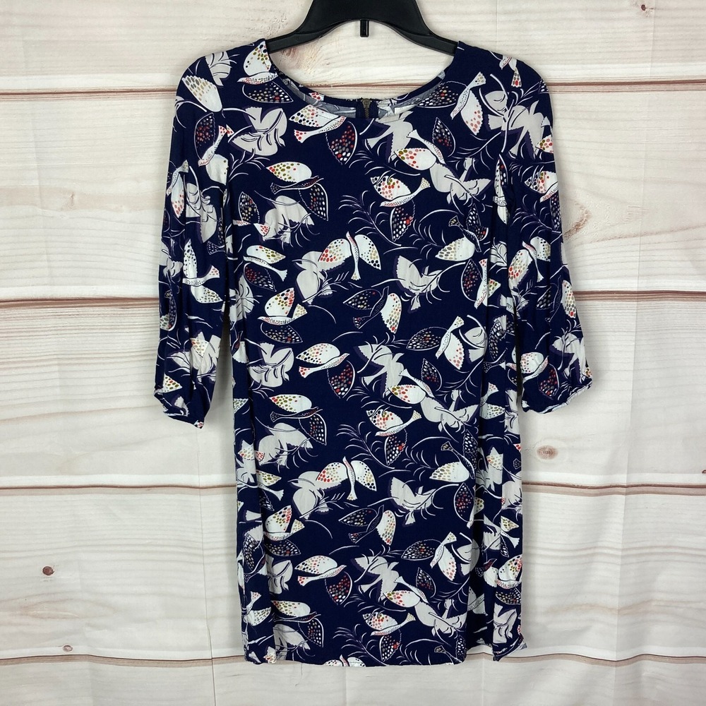 Old Navy Dress Womens XS Blue Dove Bird Print 3/4 Sleeve Shift Scoop Neck Zipper